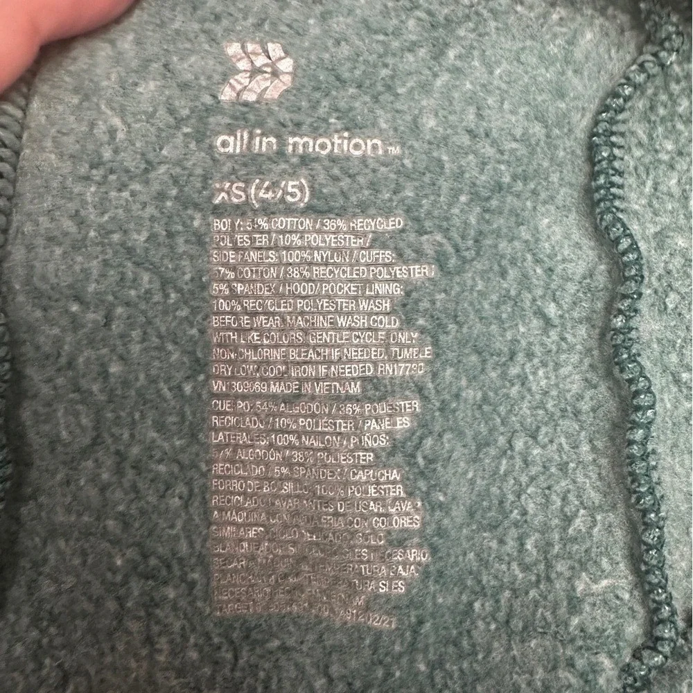 All In Motion Full Zip Hoodie Boys XS 4/5 Teal Excellent‎ Thumbhole Pockets